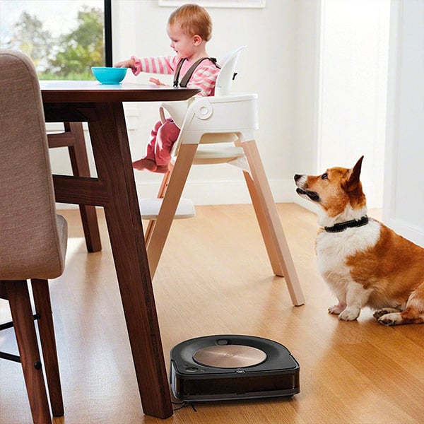 Een kind in een kinderstoel in een keuken met een hond