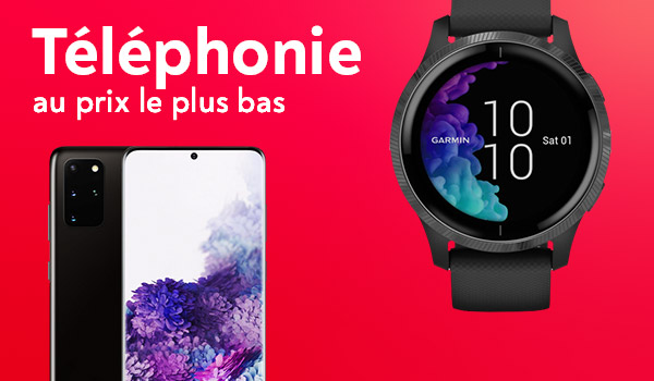 Un smartphone et une montre connecte sur un fond rouge