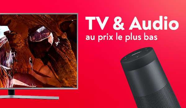 Une TV et une enceinte Bluetooth sur un fond rouge