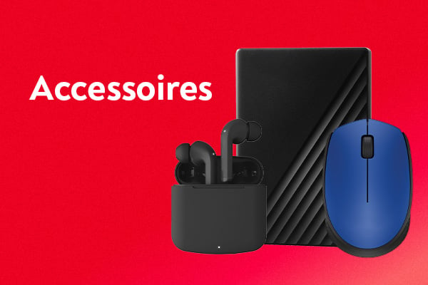 Un disque dur, une souris et des couteurs sans fil sur fond rouge