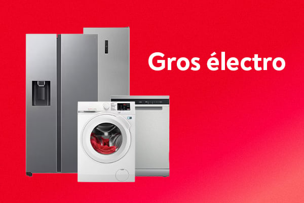 Un frigo amricain, un frigo 1 porte, un lave-vaisselle et une machine  laver sur fond rouge