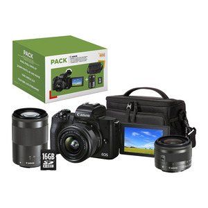 CANON PACK EOS M50 MARK II NOIR + EF-M 15-45 MM F/3.5-6.3 IS STM + EF-M 55-200 MM F/4.5-6.3 IS STM NOIR + TAS + SD 16 GO