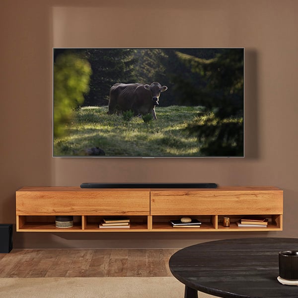 Une TV OLED Samsung dont le fond dcran prsente une vache, accroche sur un mur dun salon  