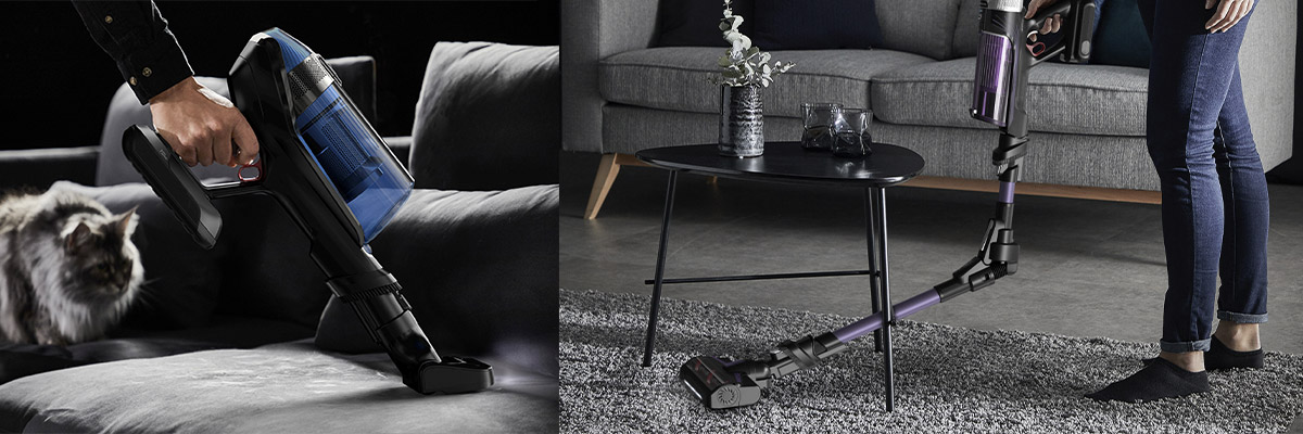 Une image reprsente un aspirateur  main qui aspire un fauteuil sur lequel se trouve un chat. Lautre image reprsente une personne qui aspire un tapis dans son salon. 