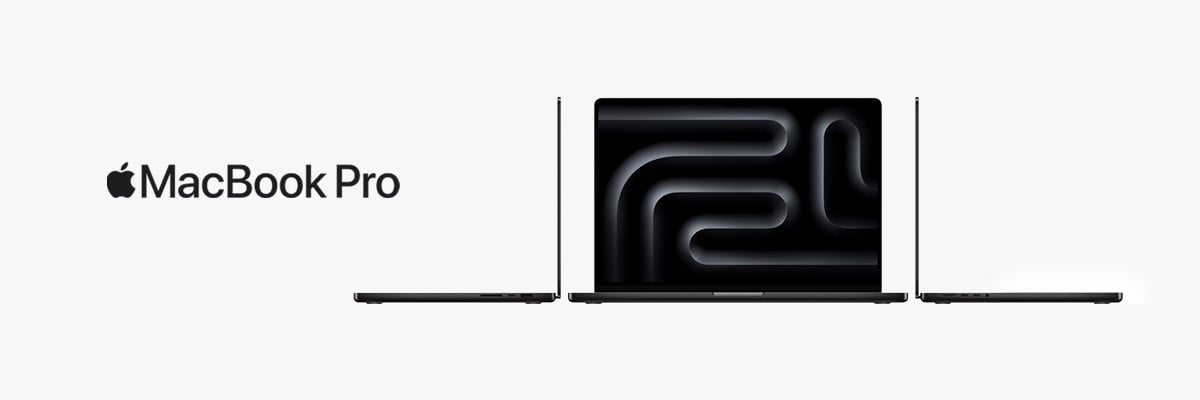 Apple MacBook Pro noir sur un fond gris et le logo d'Apple