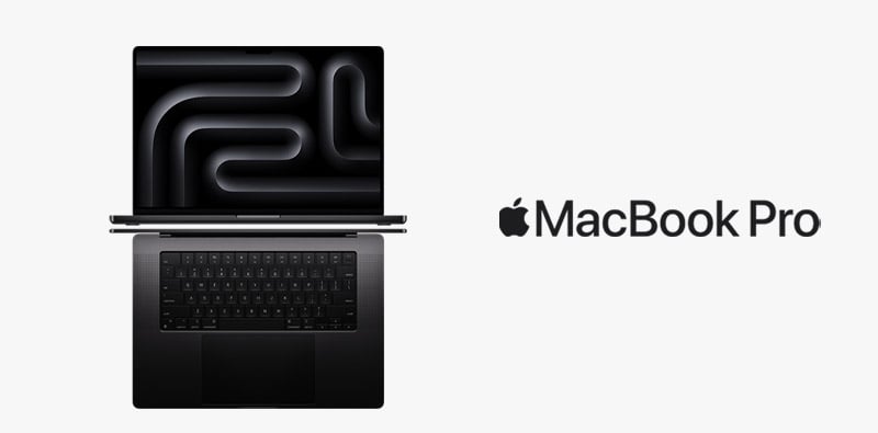 L'Apple MacBook Pro M3 noir avec le logo Apple sur un fond gris