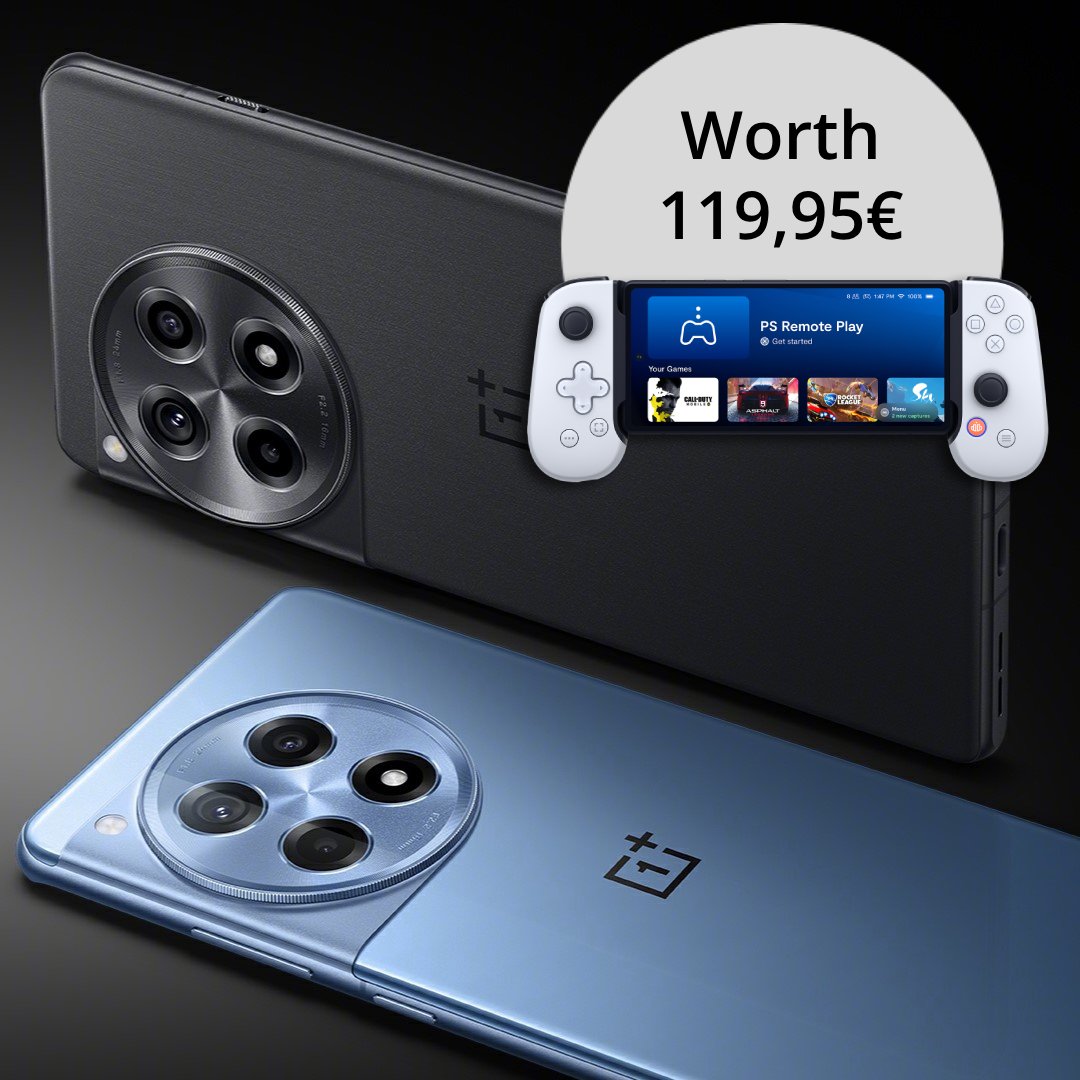 Un OnePlus bleu et un noir sur fond noir avec une manette Backbone