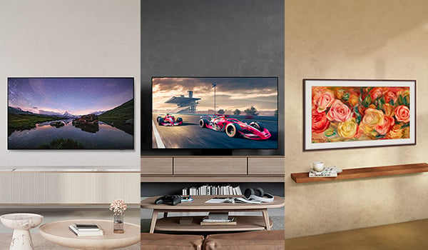 3 afbeeldingen aan elkaar geplakt, elk met een ander Samsung TV-model.