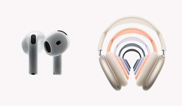 Les couteurs AirPods 4 et le casque AirPods Max sur un fond gris