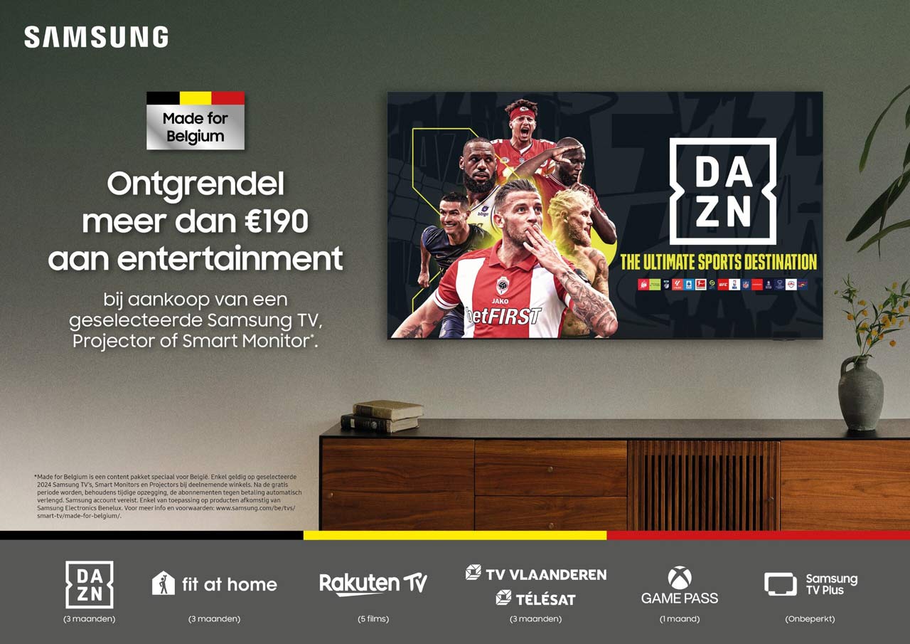 We zien een TV met op het scherm bekende sporters en de tekst Ontgrendel meer dan 190 euro aan entertainment