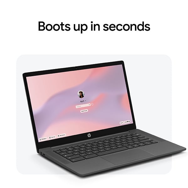 Zwarte HP Chromebook met zichtbaar inlogscherm.