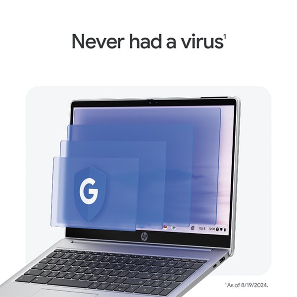 Grijze HP Chromebook met verschillende transparante blauwe schermen. Op de voorgrond zien we een wit Google-initiaal op een blauwe achtergrond in de vorm van een schild.